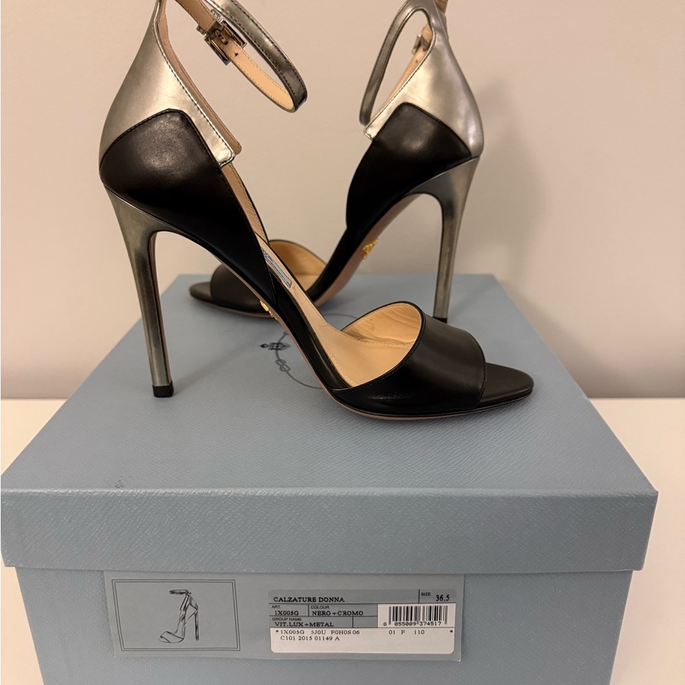 Brand New Prada Black and Metallic Chrome Leather Women's Sandals, 36.5